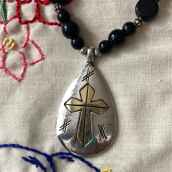 Inspirational religious pendant on natural stone beaded necklace. Toggle clasp - Picture 3 of 5